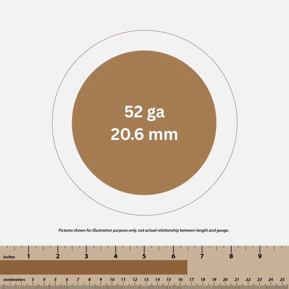 Diameter chart showing 52 gauge wire size as 20.6 mm with inch and centimeter rulers