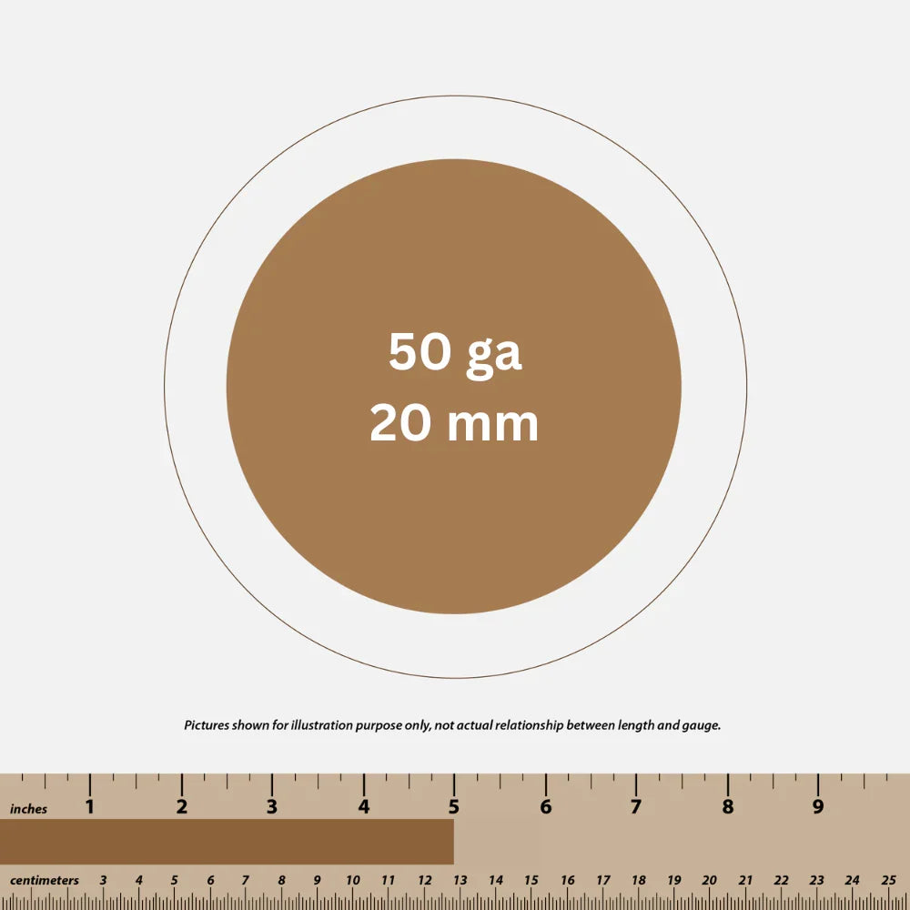 Diagram showing 50 gauge 20 mm wire diameter with inch and centimeter rulers below for measurement