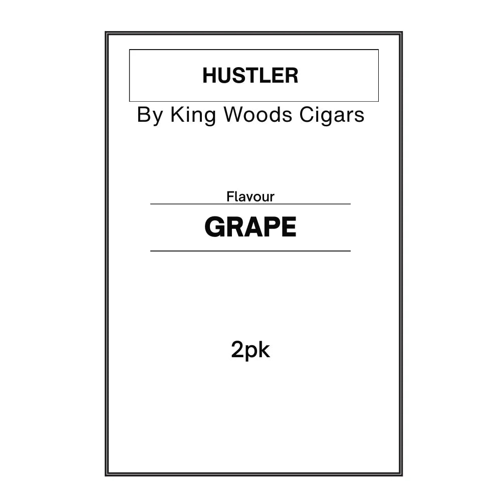 Hustler grape flavor cigars by King Woods Cigars 2-pack label with black text on white background