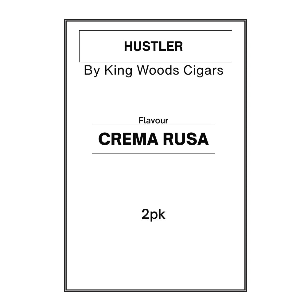 Black and white product label for Hustler by King Woods Cigars with Crema Rusa flavor, 2 pack