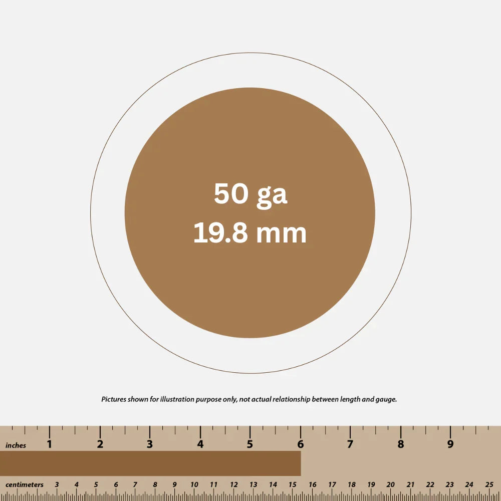 Circle illustration showing wire gauge 50 ga and diameter 19.8 mm with inch and centimeter ruler