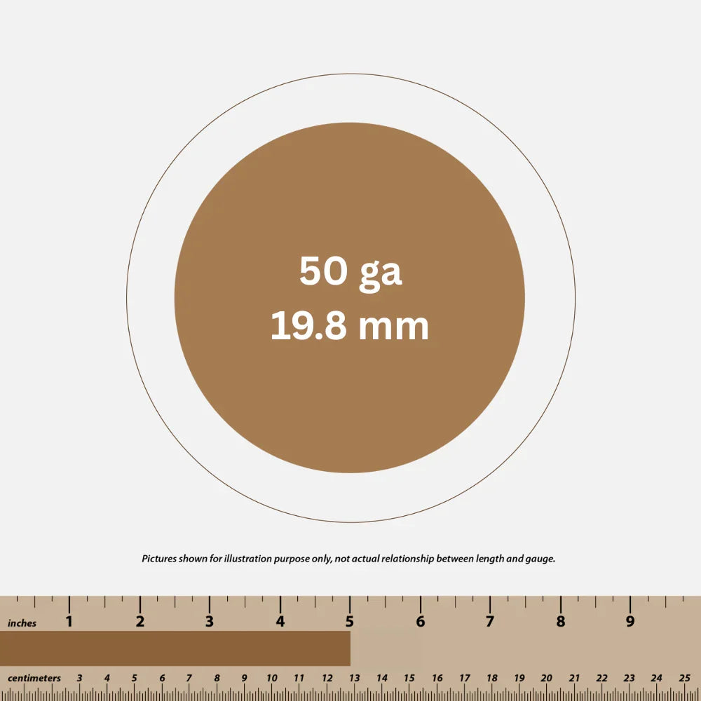 Brown circle labeled 50 ga 19.8 mm with ruler below showing inches and centimeters