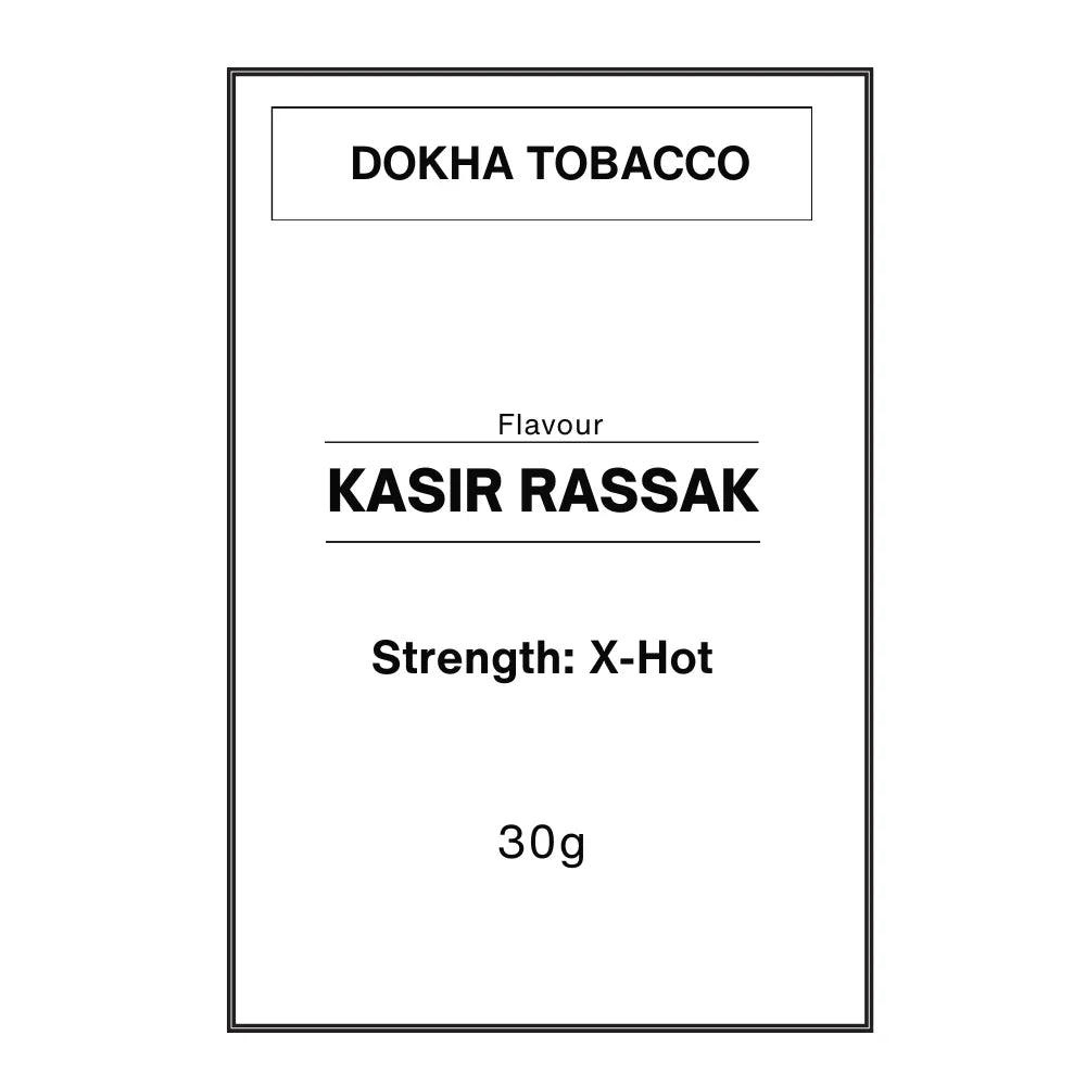 Dokha Tobacco Kasir Rassak flavour packaging with X-Hot strength, 30g label