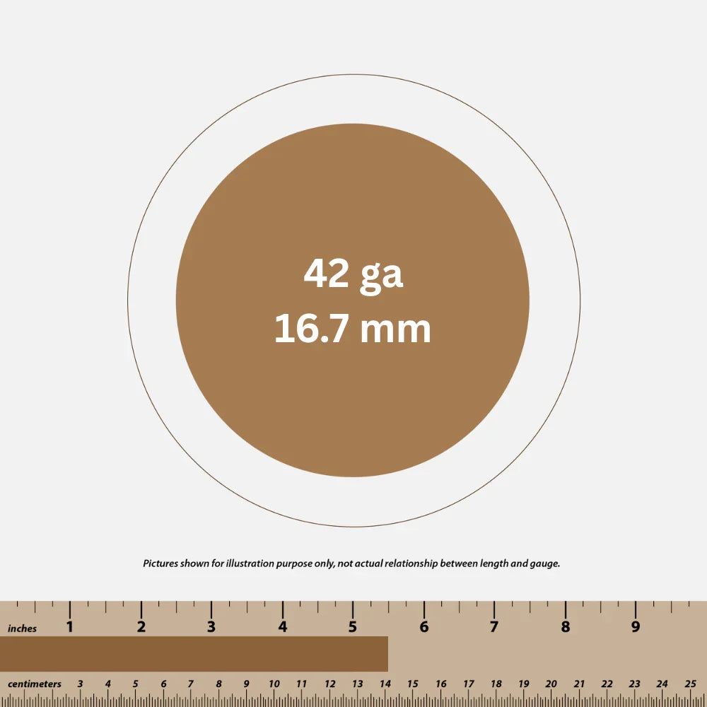 Chart showing 42 gauge wire with 16.7 mm diameter and a ruler for scale in inches and centimeters