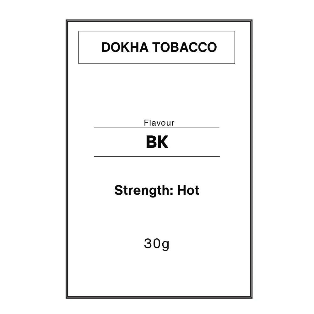 Minimalist white packaging for Dokha Tobacco with BK flavor, hot strength, 30g
