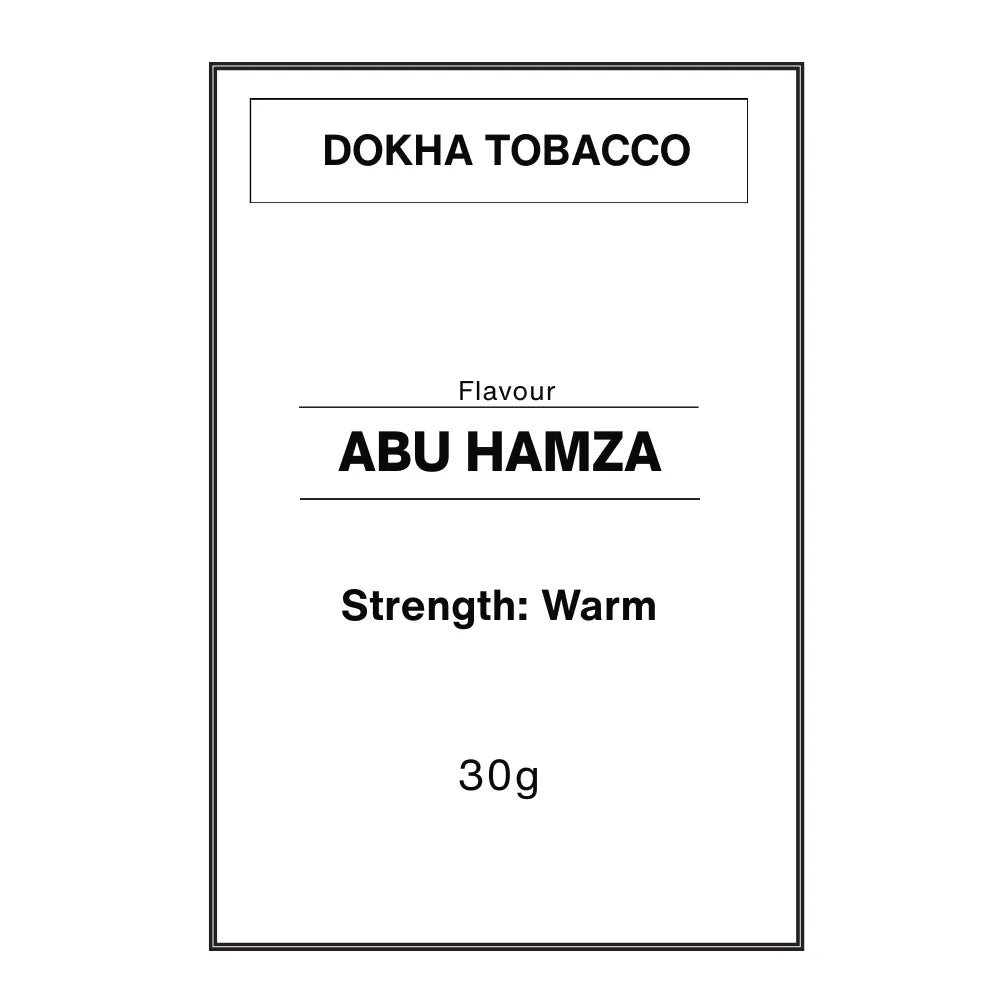 Dokha tobacco packet with Abu Hamza flavor, warm strength, 30g packaging label
