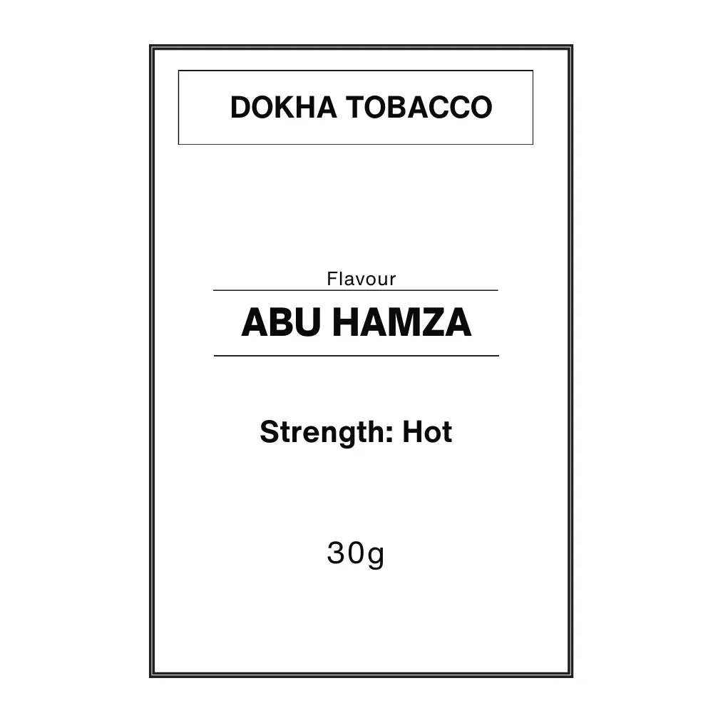 Minimalist white label for Abu Hamza Dokha tobacco, hot strength, 30g