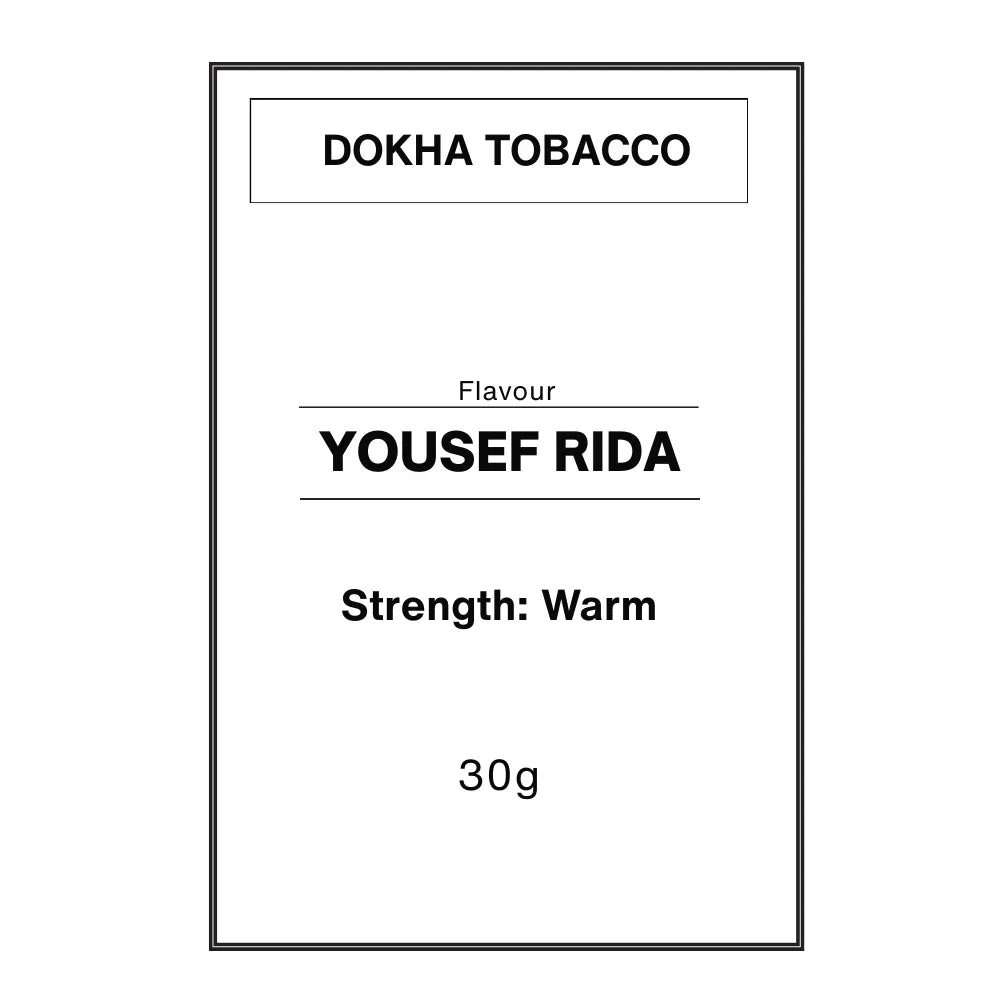 Minimalist black and white label for Dokha tobacco Yousef Rida flavor, warm strength, 30g