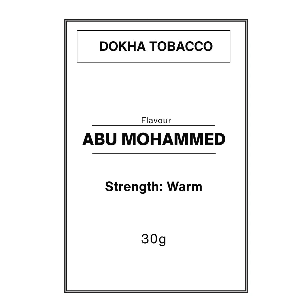 Dokha tobacco package featuring Abu Mohammed flavor with warm strength and 30g weight