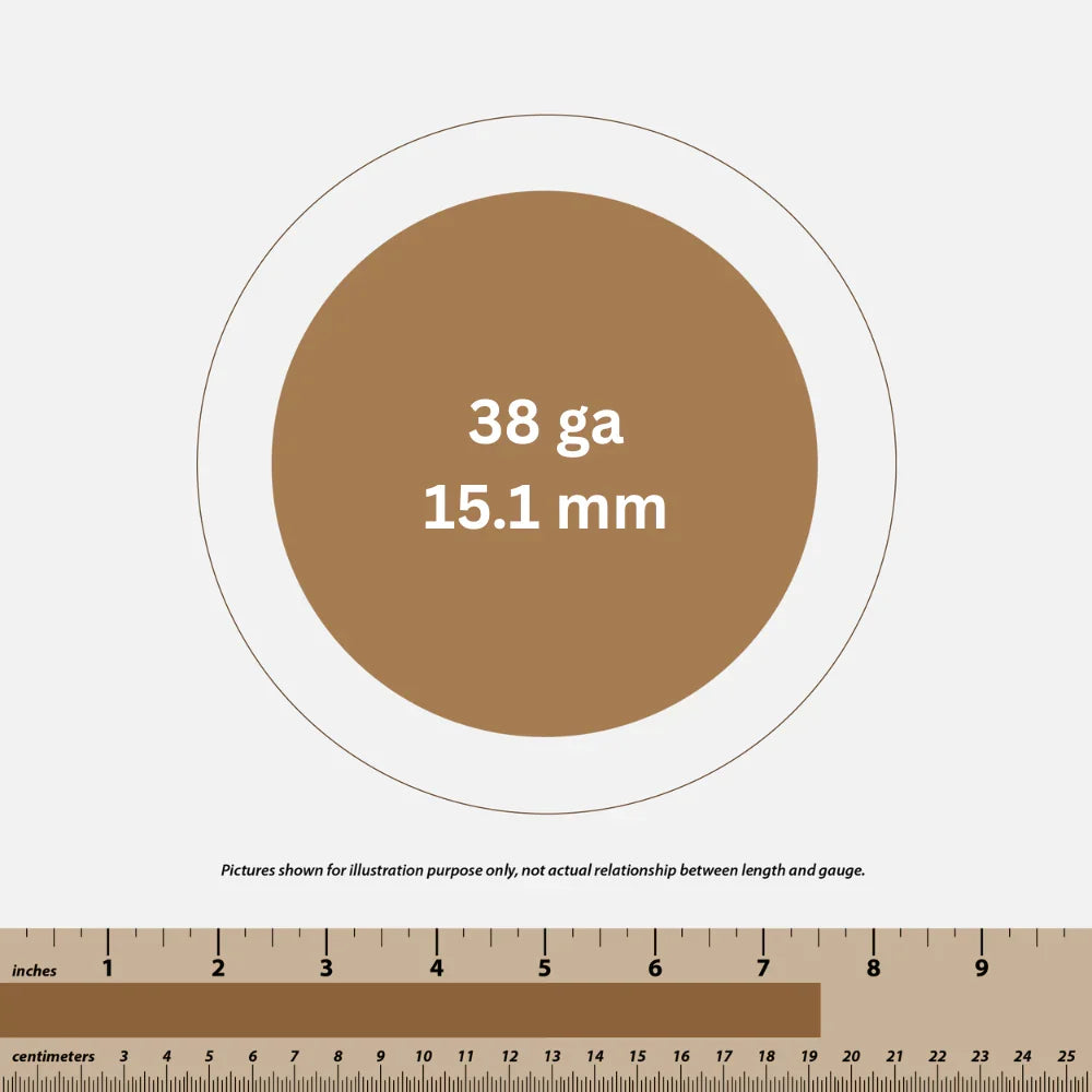 38 gauge wire size circle illustration with 15.1 mm label and ruler showing inches and centimeters