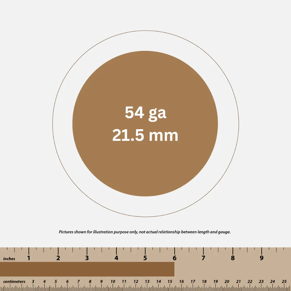 Illustration of 54 gauge wire thickness with 21.5 mm diameter, ruler showing inches and centimeters